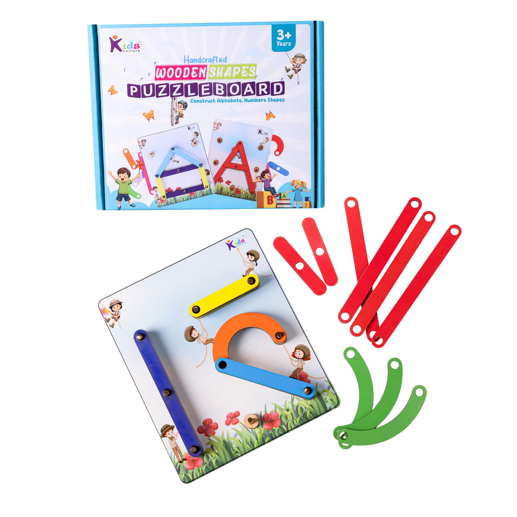 Kids Culture Handcrafted Wooden Shapes Puzzle Board for Kids 3+ Years | Alphabet & Numbers Construction Montessori Educational Learning Toy for Brain Development