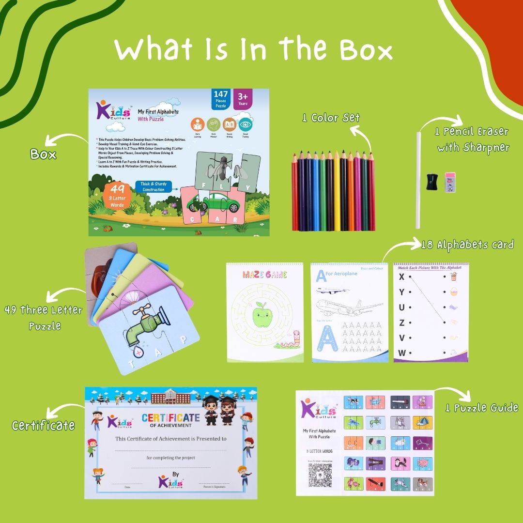 My First Alphabets with Puzzle | 147 Pcs 3 Letter Puzzle Kit with Coloring Book, Activities, Certificate | Early Learning Alphabet & Spelling Game for Kids 3+ Years