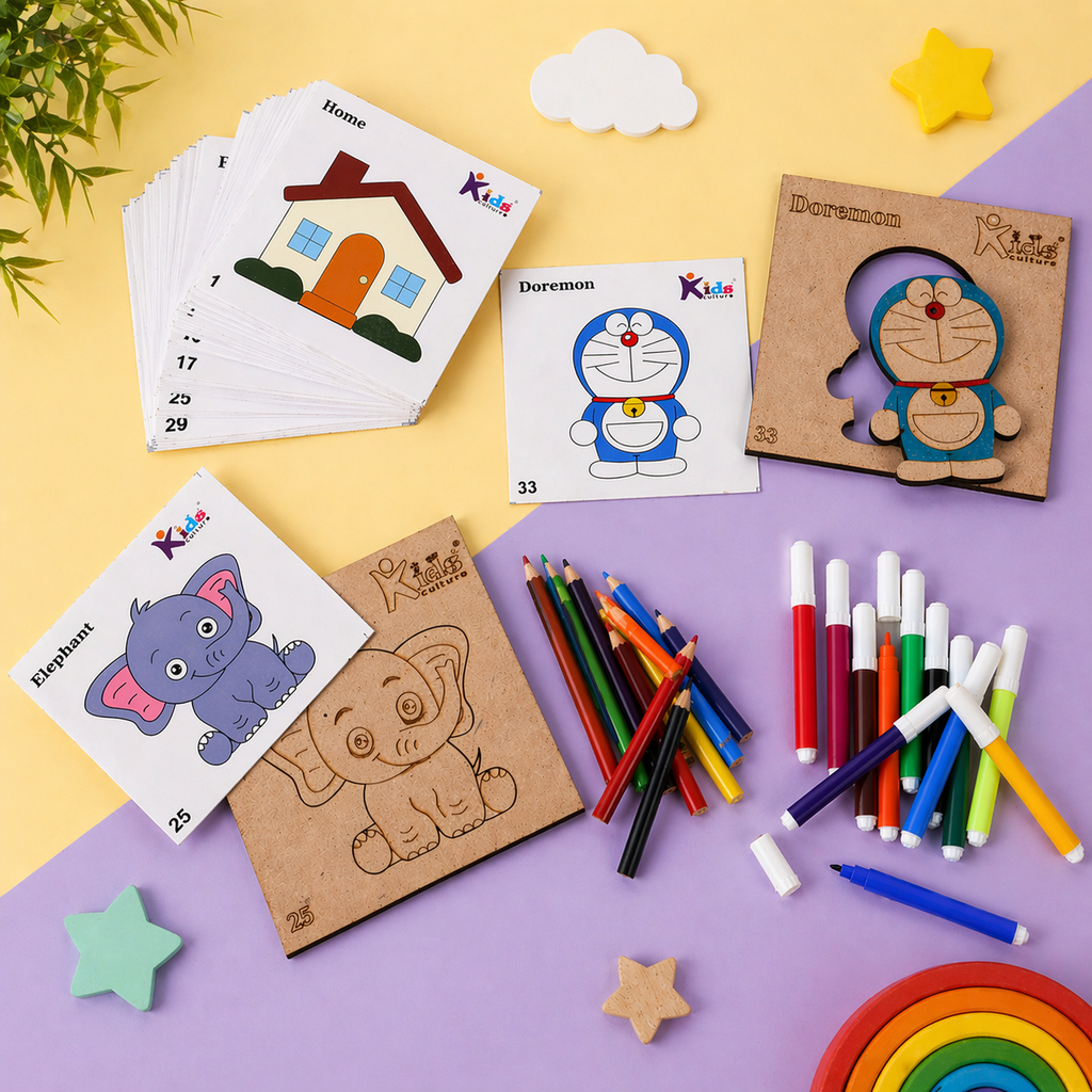 Kids Culture Little Explorer Colouring Kit for Kids 5+ Years | 35 Wooden Art Pieces + 35 Matching Colour Cards + Colour Set + Pencil Colours | DIY Educational Creative Colouring Activity Kit for Boys & Girls