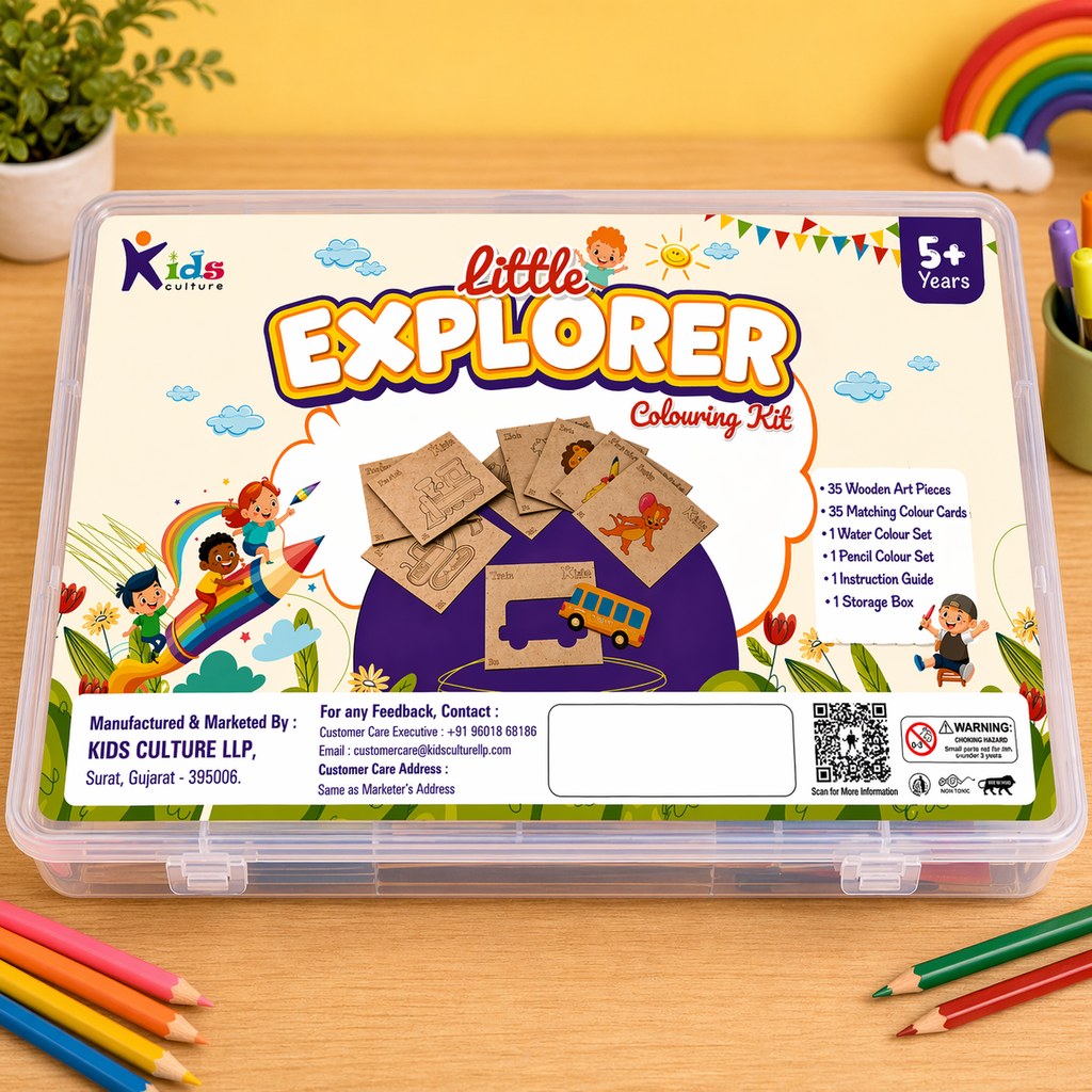 Kids Culture Little Explorer Colouring Kit for Kids 5+ Years | 35 Wooden Art Pieces + 35 Matching Colour Cards + Colour Set + Pencil Colours | DIY Educational Creative Colouring Activity Kit for Boys & Girls