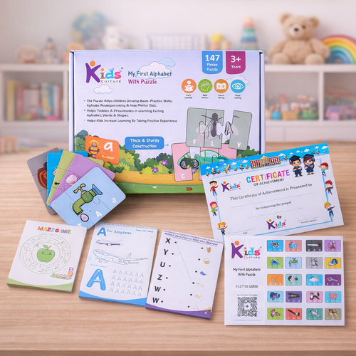 My First Alphabets with Puzzle | 147 Pcs 3 Letter Puzzle Kit with Coloring Book, Activities, Certificate | Early Learning Alphabet & Spelling Game for Kids 3+ Years
