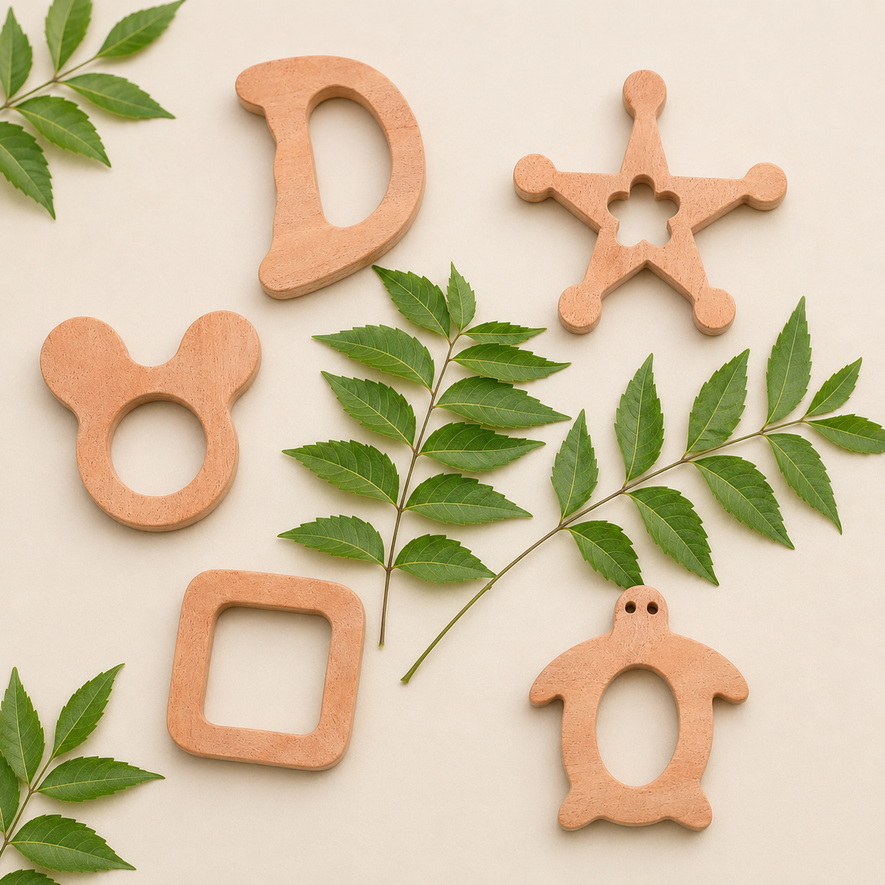 Neem Wood Baby Rattle Toy | Natural Teether & Sensory Toy for Kids | Safe Handmade Wooden Toy Set (4 Shapes)