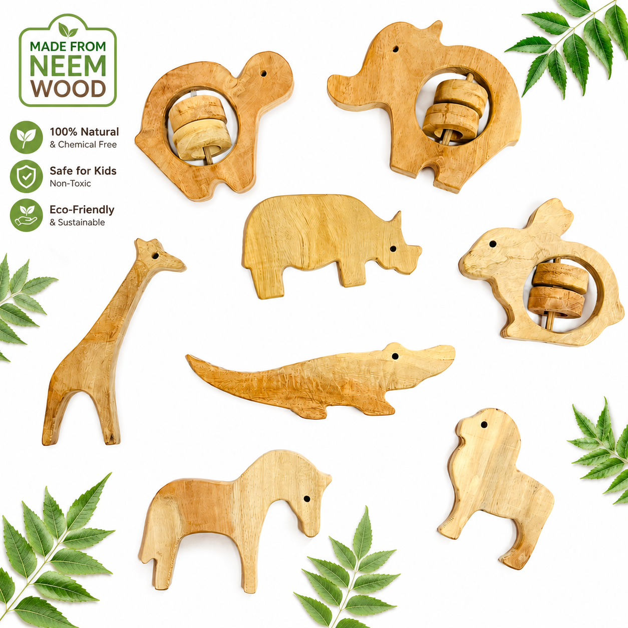 Neem Wood Baby Rattle Toy | Natural Teether & Sensory Toy for Kids | Safe Handmade Wooden Toy Set (4 Shapes)