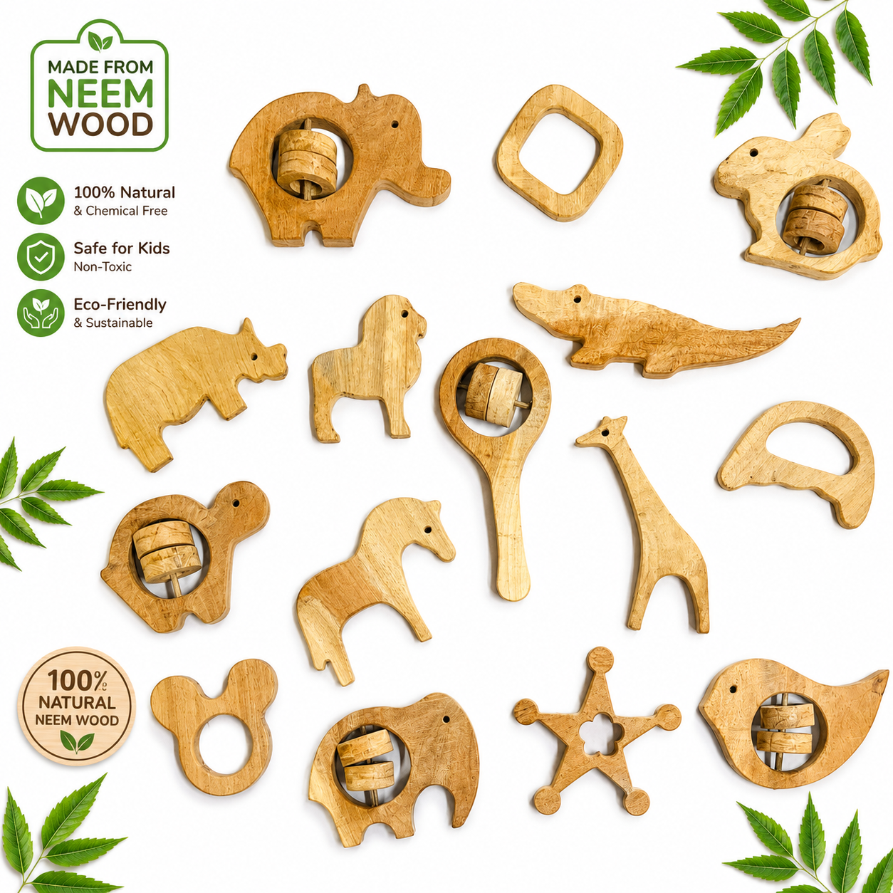 Neem Wood Baby Rattle Toy | Natural Teether & Sensory Toy for Kids | Safe Handmade Wooden Toy Set (4 Shapes)