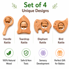 Neem Wood Baby Rattle Toy | Natural Teether & Sensory Toy for Kids | Safe Handmade Wooden Toy Set (4 Shapes)