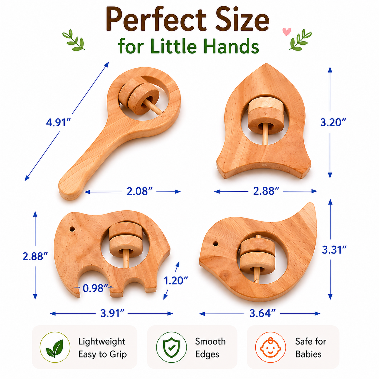 Neem Wood Baby Rattle Toy | Natural Teether & Sensory Toy for Kids | Safe Handmade Wooden Toy Set (4 Shapes)