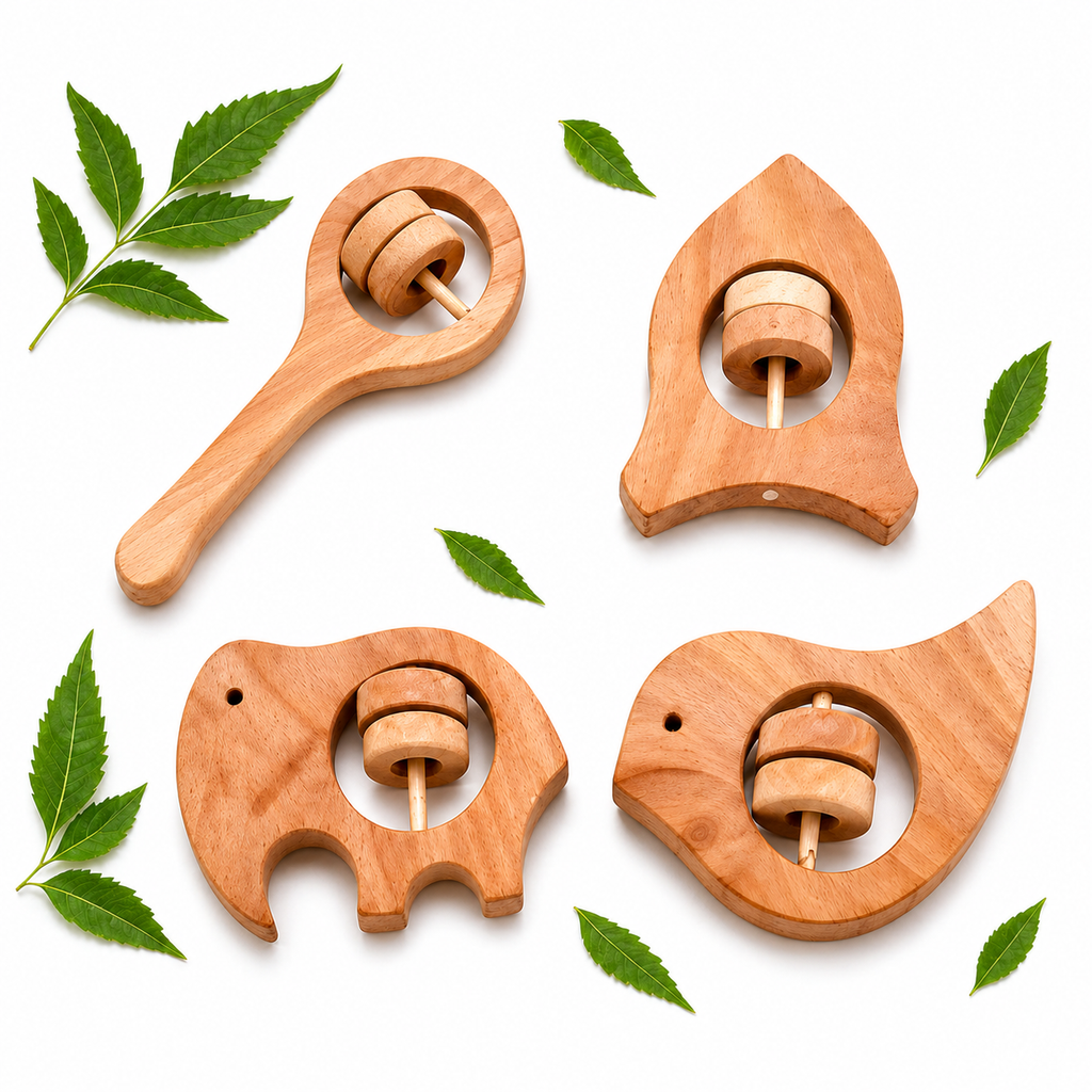 Neem Wood Baby Rattle Toy | Natural Teether & Sensory Toy for Kids | Safe Handmade Wooden Toy Set (4 Shapes)