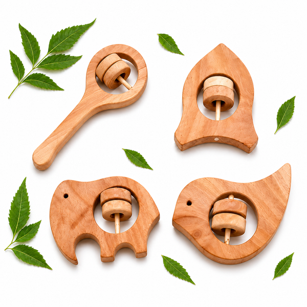 Neem Wood Baby Rattle Toy | Natural Teether & Sensory Toy for Kids | Safe Handmade Wooden Toy Set (4 Shapes)