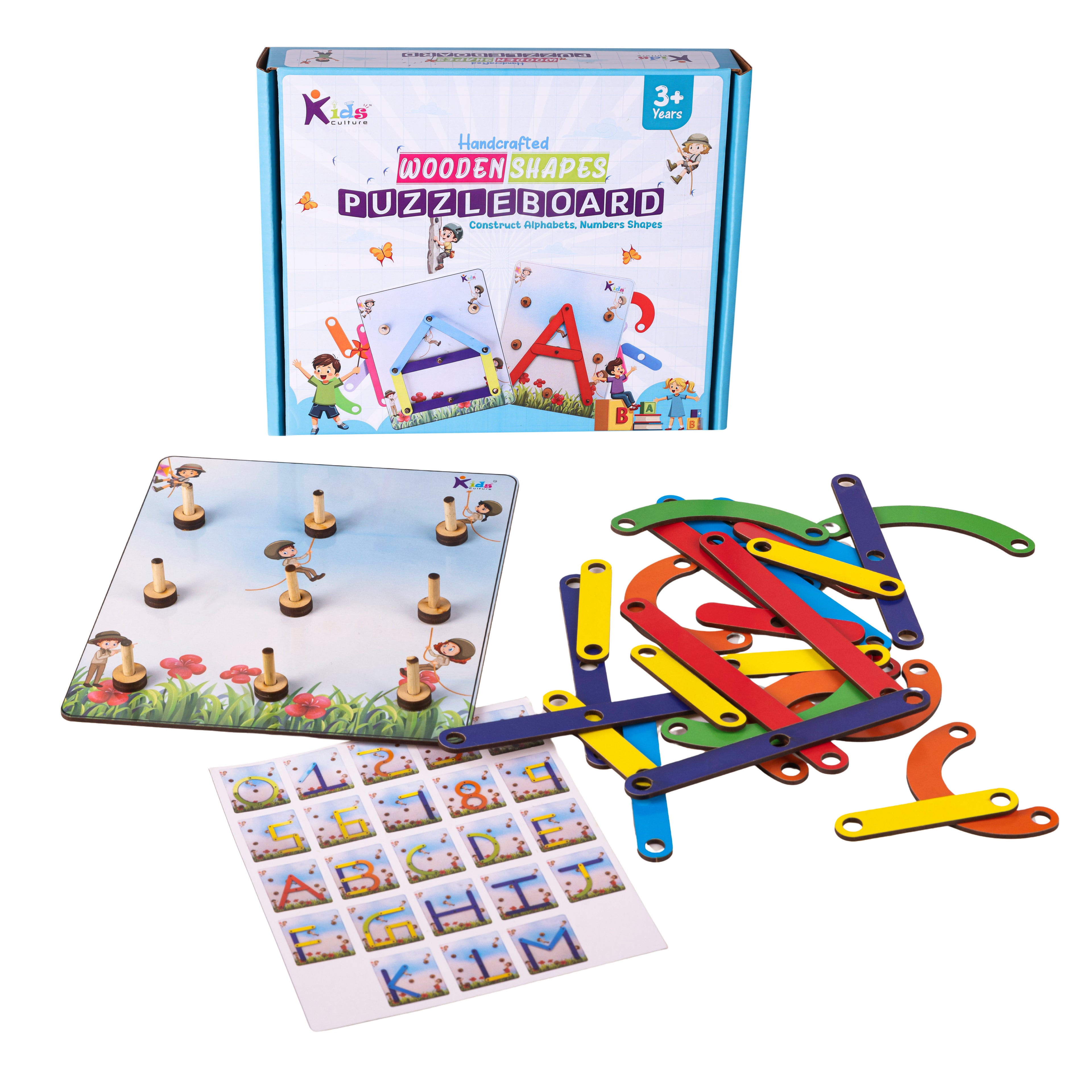 Kids Culture Handcrafted Wooden Shapes Puzzle Board for Kids 3+ Years | Alphabet & Numbers Construction Montessori Educational Learning Toy for Brain Development