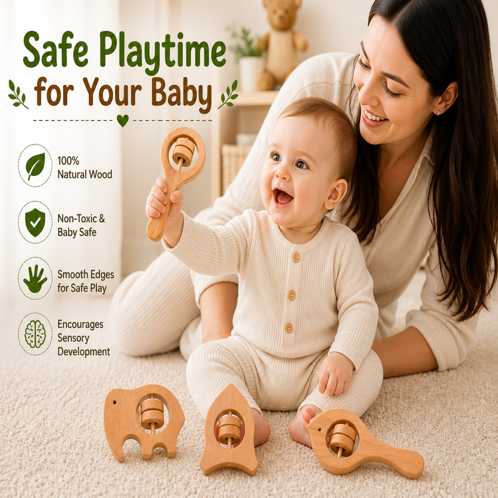 Neem Wood Baby Rattle Toy | Natural Teether & Sensory Toy for Kids | Safe Handmade Wooden Toy Set (4 Shapes)